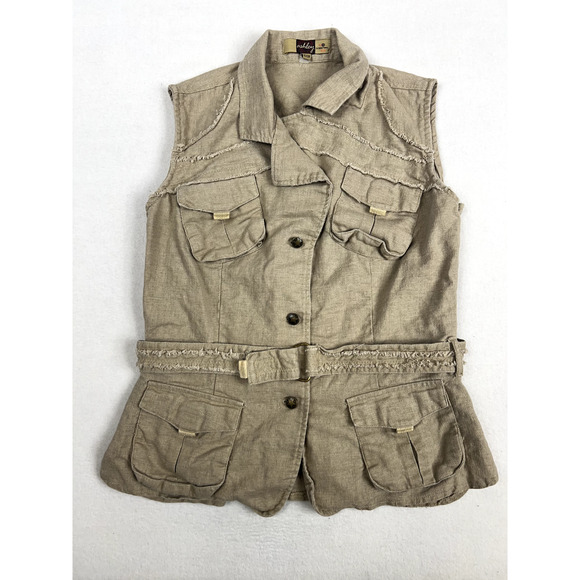 Y2K Utility Linen Vest Tan Safari Vibes Outdoorsy Core Sz S - Picture 1 of 12